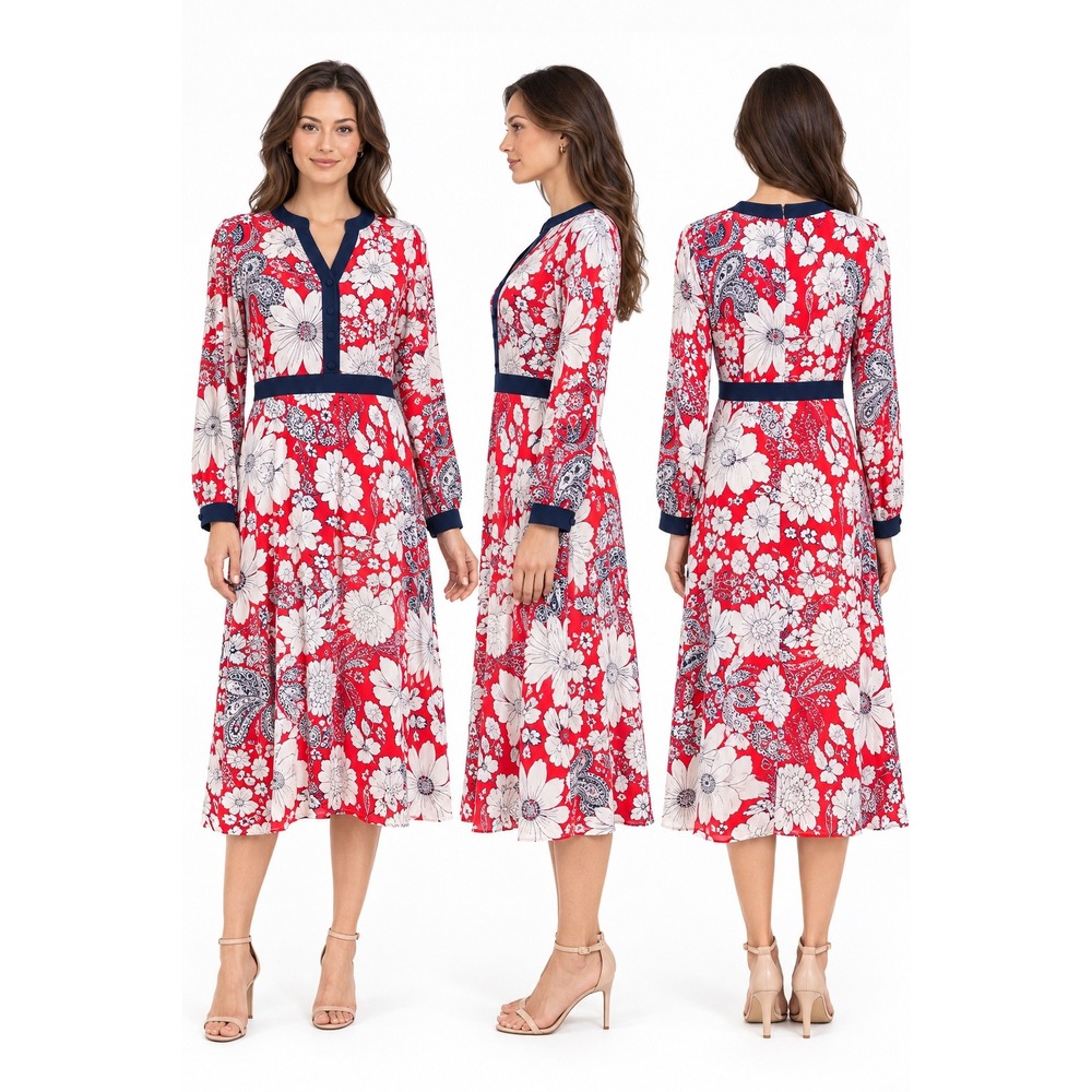 Talbots Floral Paisley Midi Dress Red White Blue Long Sleeve Mod Feminine 12